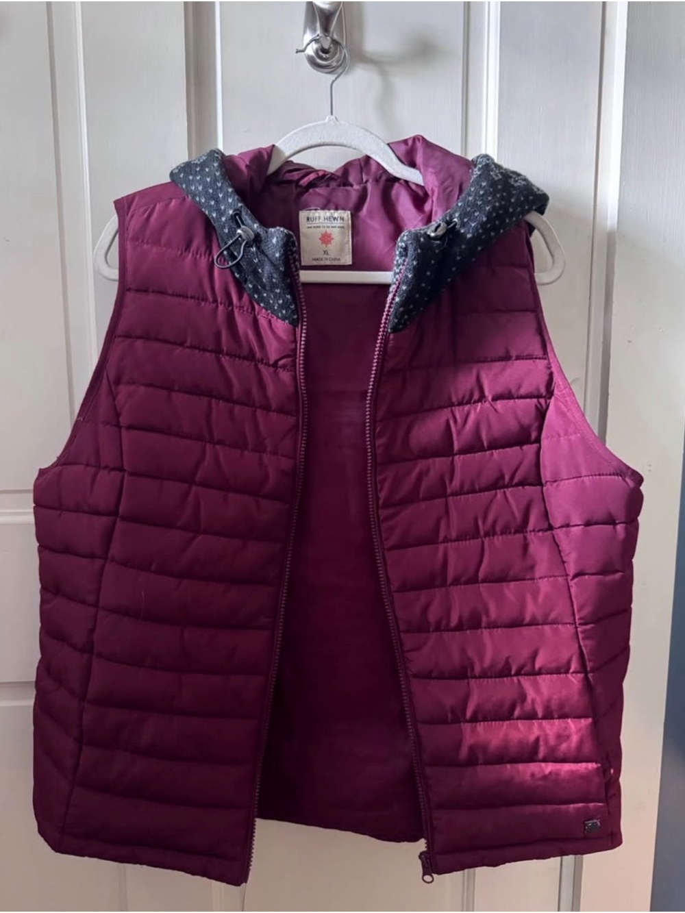 Ruff Hewn Quilted Vest in Deep Berry with Gray Hood Trim